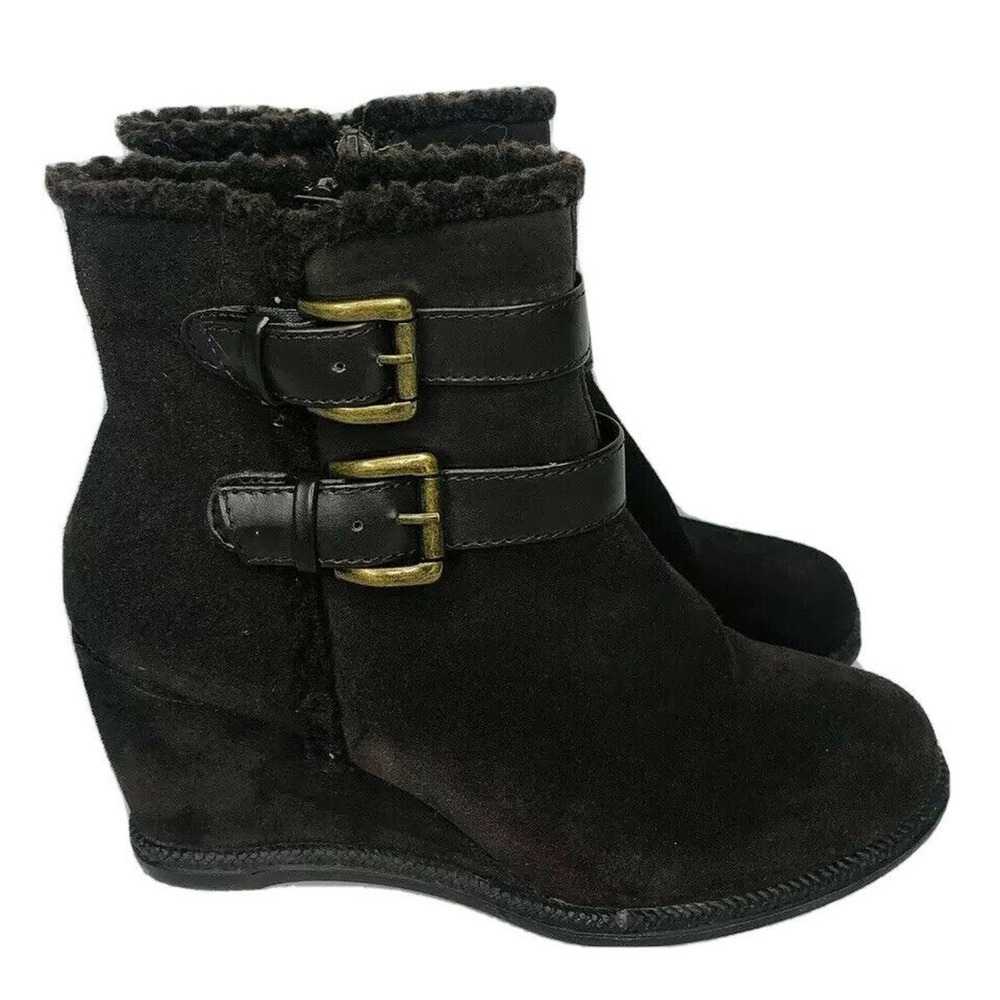 Womens Sole(sense)ability Teri Wedge Brown Leather Ankle Boots with Buckles 7